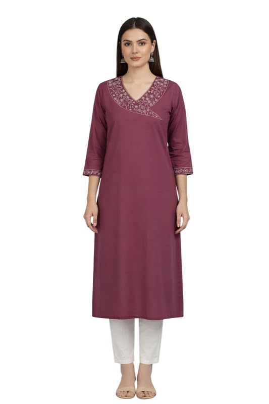 Women's South Cotton Embroidered Solid A-Line Long Kurti