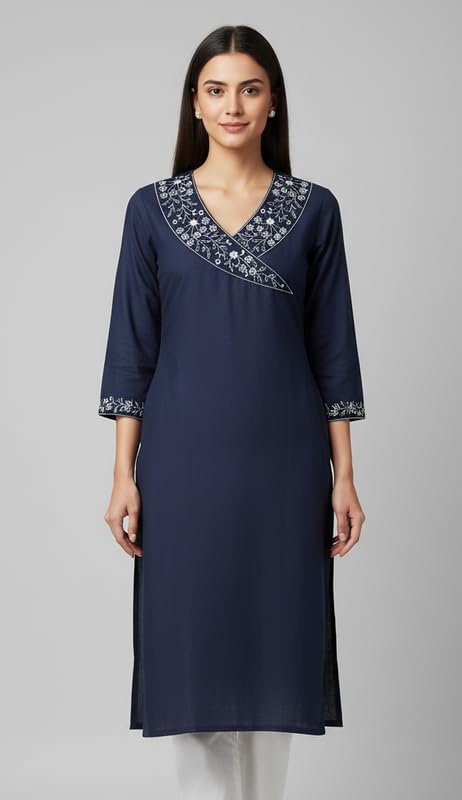Women's South Cotton Embroidered Solid A-Line Long Kurti