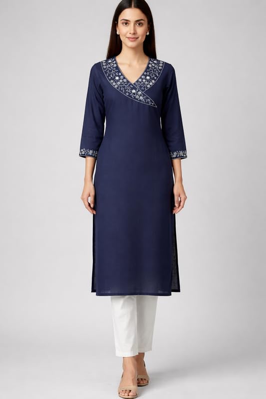 Women's South Cotton Embroidered Solid A-Line Long Kurti