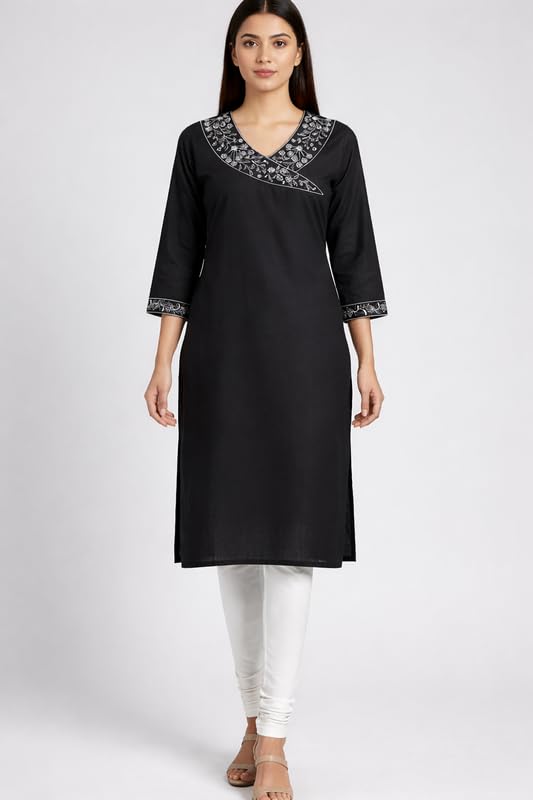 Women's South Cotton Embroidered Solid A-Line Long Kurti