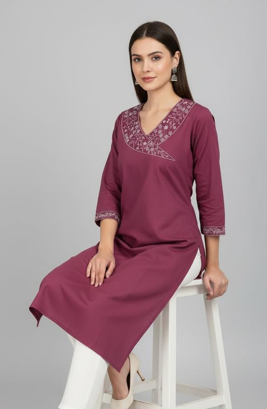 Women's South Cotton Embroidered Solid A-Line Long Kurti