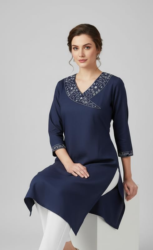 Women's South Cotton Embroidered Solid A-Line Long Kurti