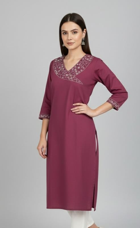 Women's South Cotton Embroidered Solid A-Line Long Kurti