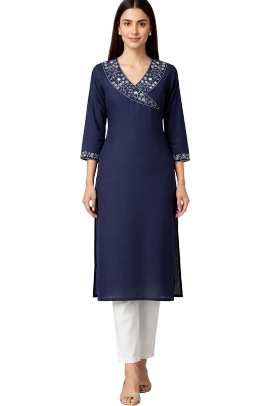 Women's South Cotton Embroidered Solid A-Line Long Kurti