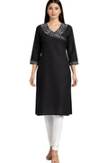 Women's South Cotton Embroidered Solid A-Line Long Kurti