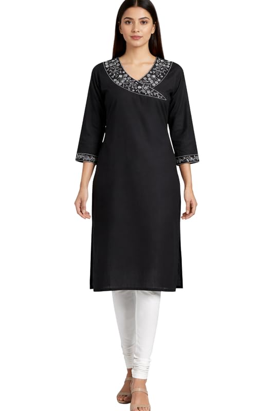 Women's South Cotton Embroidered Solid A-Line Long Kurti