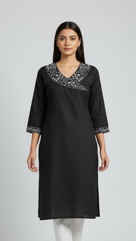 Women's South Cotton Embroidered Solid A-Line Long Kurti