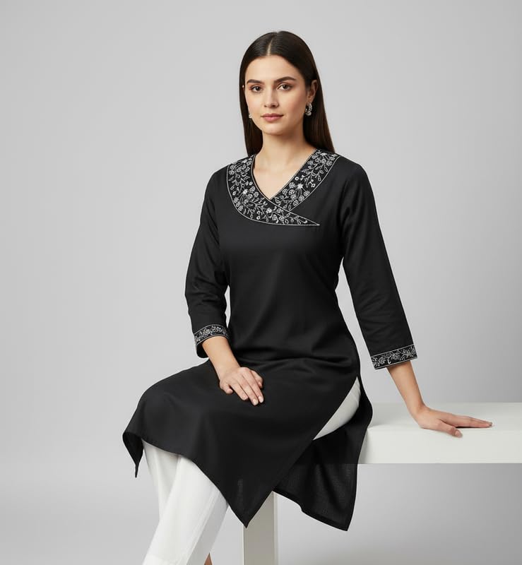 Women's South Cotton Embroidered Solid A-Line Long Kurti