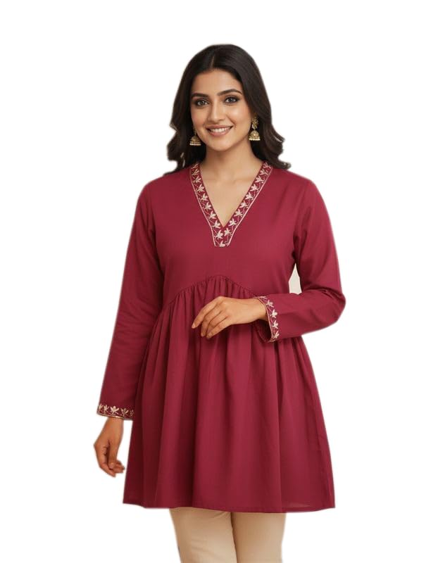Women’s Solid Short Kurti for Girls | Regular Wear Flared Tunic Top | Stylish & Comfortable Rayon Kurti |Embroidered Short Kurti Top