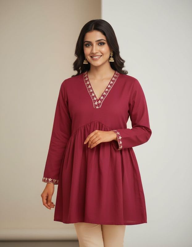 Women’s Solid Short Kurti for Girls | Regular Wear Flared Tunic Top | Stylish & Comfortable Rayon Kurti |Embroidered Short Kurti Top