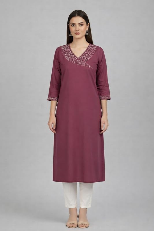 Women's South Cotton Embroidered Solid A-Line Long Kurti