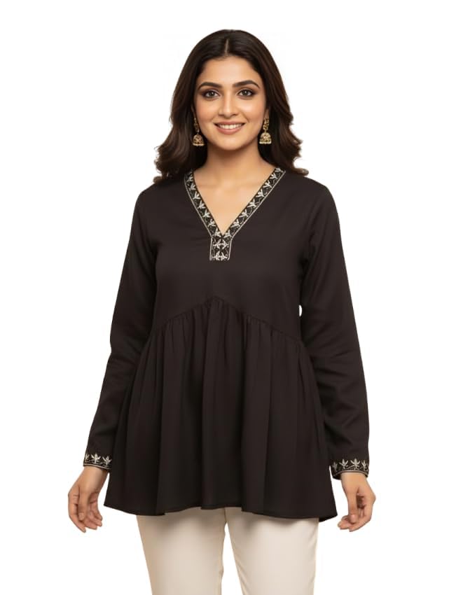 Women’s Solid Short Kurti for Girls | Regular Wear Flared Tunic Top | Stylish & Comfortable Rayon Kurti |Embroidered Short Kurti Top